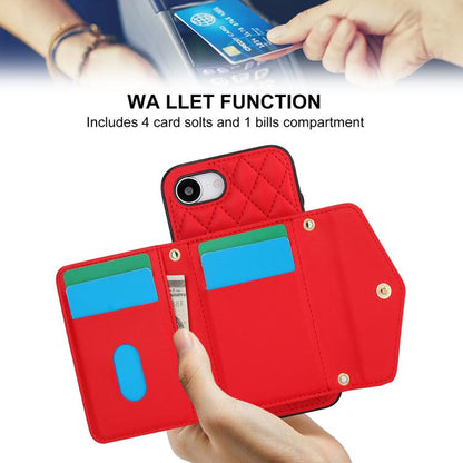 For iPhone 16e Splicing Rhombic Texture Card Bag Phone Case with Long Lanyard(Red) - iPhone 16e Cases by buy2fix | Online Shopping UK | buy2fix