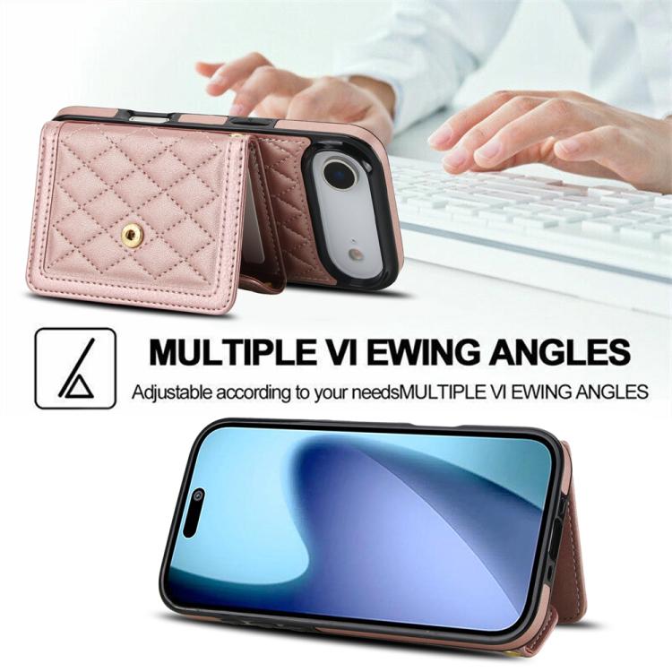 For iPhone Air Splicing Rhombic Texture Card Bag Phone Case with Long Lanyard(Rose Gold) - iPhone Air Cases by buy2fix | Online Shopping UK | buy2fix