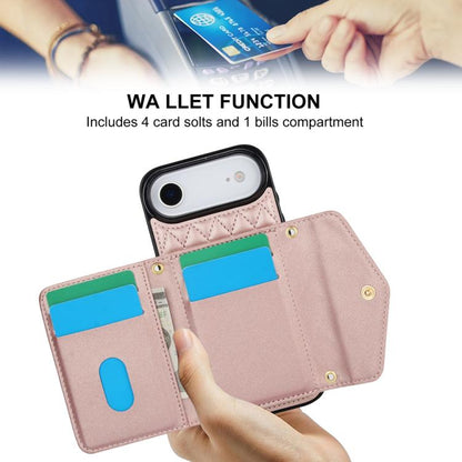 For iPhone Air Splicing Rhombic Texture Card Bag Phone Case with Long Lanyard(Rose Gold) - iPhone Air Cases by buy2fix | Online Shopping UK | buy2fix