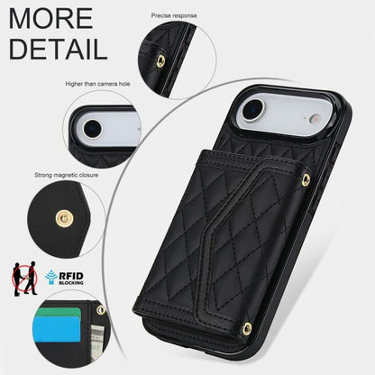 For iPhone Air Splicing Rhombic Texture Card Bag Phone Case with Long Lanyard(Black) - iPhone Air Cases by buy2fix | Online Shopping UK | buy2fix