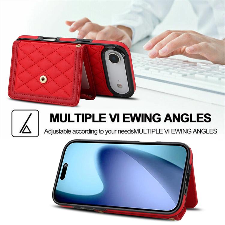 For iPhone Air Splicing Rhombic Texture Card Bag Phone Case with Long Lanyard(Red) - iPhone Air Cases by buy2fix | Online Shopping UK | buy2fix