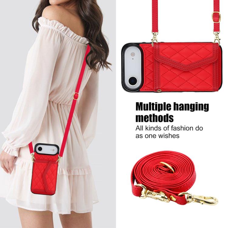 For iPhone Air Splicing Rhombic Texture Card Bag Phone Case with Long Lanyard(Red) - iPhone Air Cases by buy2fix | Online Shopping UK | buy2fix