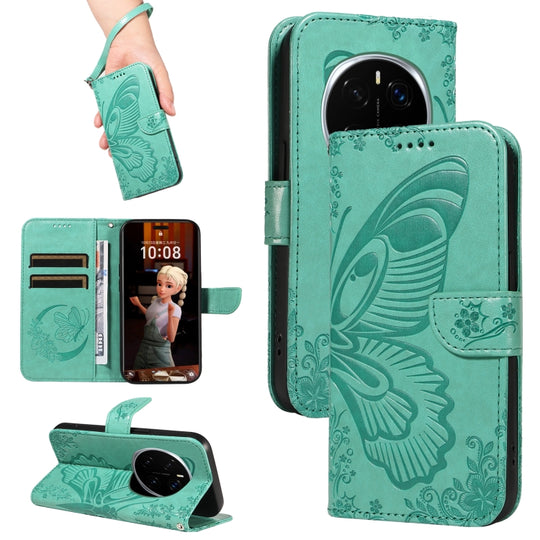 For Honor Magic7 Pro Swallowtail Butterfly Embossed Leather Phone Case(Green)