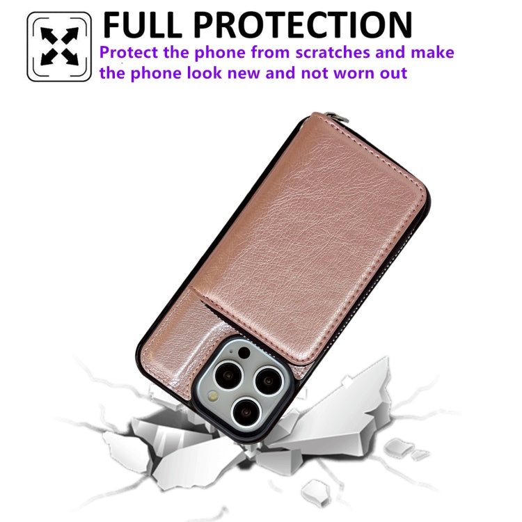 For iPhone 15 Pro Max Solid Color Zipper 11-Card Slots Bag Phone Case with Lanyard(Rose Gold) - iPhone 15 Pro Max Cases by buy2fix | Online Shopping UK | buy2fix
