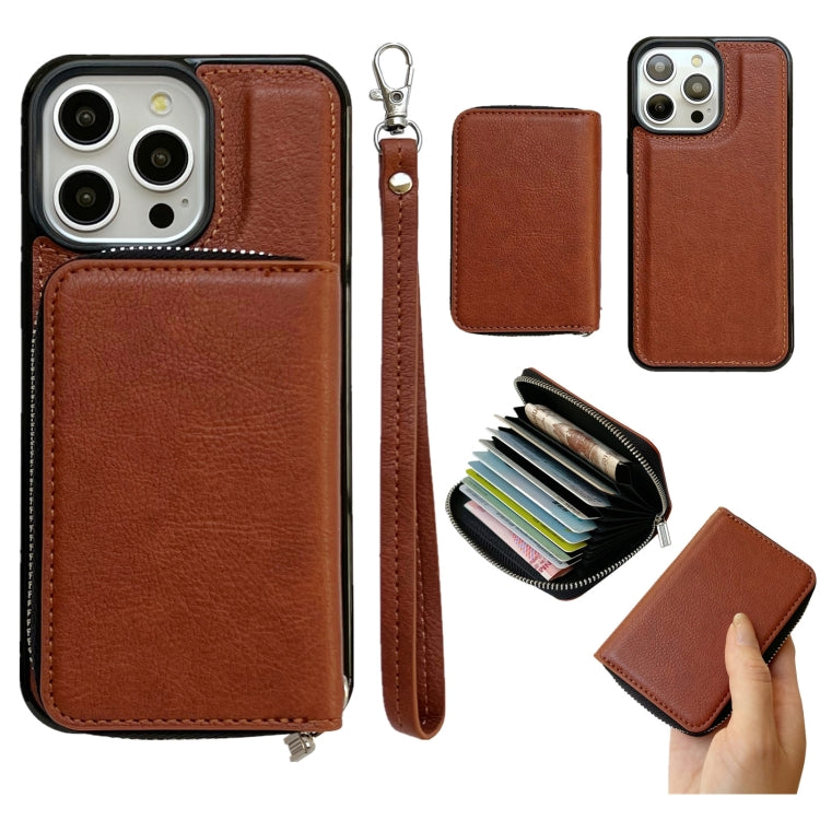 For iPhone 15 Pro Max Solid Color Zipper 11-Card Slots Bag Phone Case with Lanyard(Brown) - iPhone 15 Pro Max Cases by buy2fix | Online Shopping UK | buy2fix