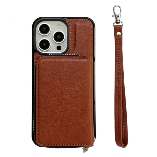 For iPhone 15 Pro Max Solid Color Zipper 11-Card Slots Bag Phone Case with Lanyard(Brown) - iPhone 15 Pro Max Cases by buy2fix | Online Shopping UK | buy2fix