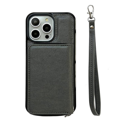 For iPhone 14 Pro Solid Color Zipper 11-Card Slots Bag Phone Case with Lanyard(Grey) - iPhone 14 Pro Cases by buy2fix | Online Shopping UK | buy2fix