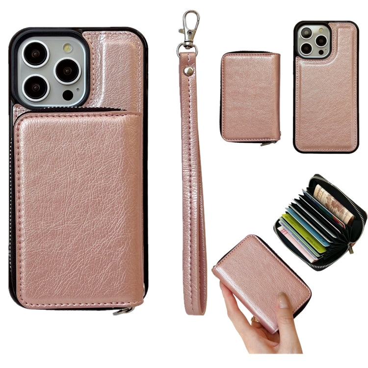 For iPhone 14 Pro Solid Color Zipper 11-Card Slots Bag Phone Case with Lanyard(Rose Gold) - iPhone 14 Pro Cases by buy2fix | Online Shopping UK | buy2fix