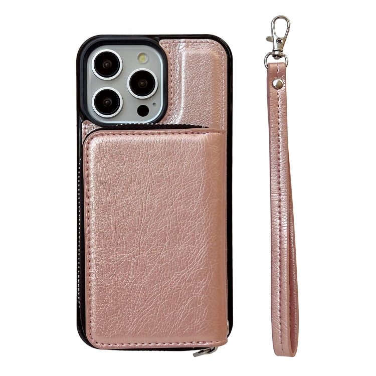For iPhone 14 Pro Solid Color Zipper 11-Card Slots Bag Phone Case with Lanyard(Rose Gold) - iPhone 14 Pro Cases by buy2fix | Online Shopping UK | buy2fix
