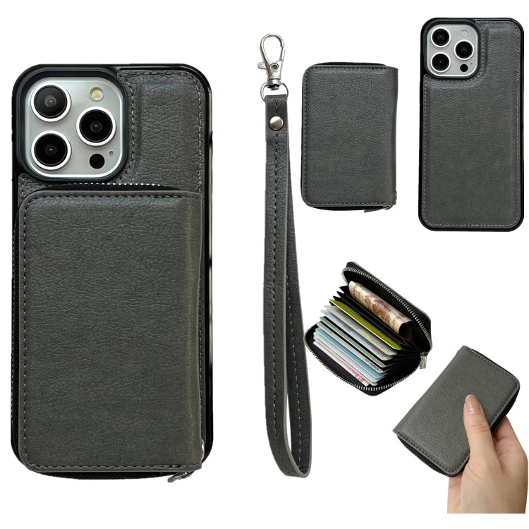 For iPhone 14 Pro Max Solid Color Zipper 11-Card Slots Bag Phone Case with Lanyard(Grey) - iPhone 14 Pro Max Cases by buy2fix | Online Shopping UK | buy2fix