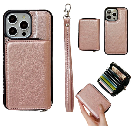 For iPhone 14 Pro Max Solid Color Zipper 11-Card Slots Bag Phone Case with Lanyard(Rose Gold) - iPhone 14 Pro Max Cases by buy2fix | Online Shopping UK | buy2fix