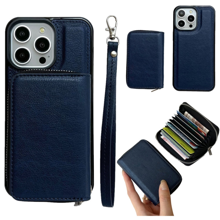 For iPhone 13 Pro Max Solid Color Zipper 11-Card Slots Bag Phone Case with Lanyard(Blue) - iPhone 13 Pro Cases by buy2fix | Online Shopping UK | buy2fix