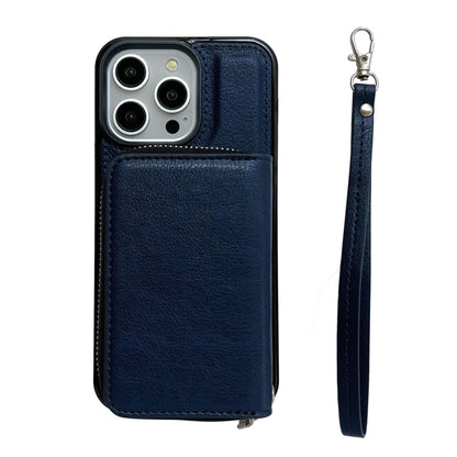 For iPhone 13 Pro Max Solid Color Zipper 11-Card Slots Bag Phone Case with Lanyard(Blue) - iPhone 13 Pro Cases by buy2fix | Online Shopping UK | buy2fix