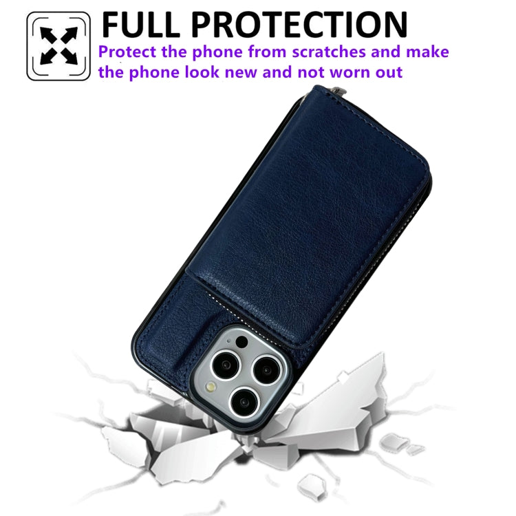 For iPhone 13 Pro Max Solid Color Zipper 11-Card Slots Bag Phone Case with Lanyard(Blue) - iPhone 13 Pro Cases by buy2fix | Online Shopping UK | buy2fix