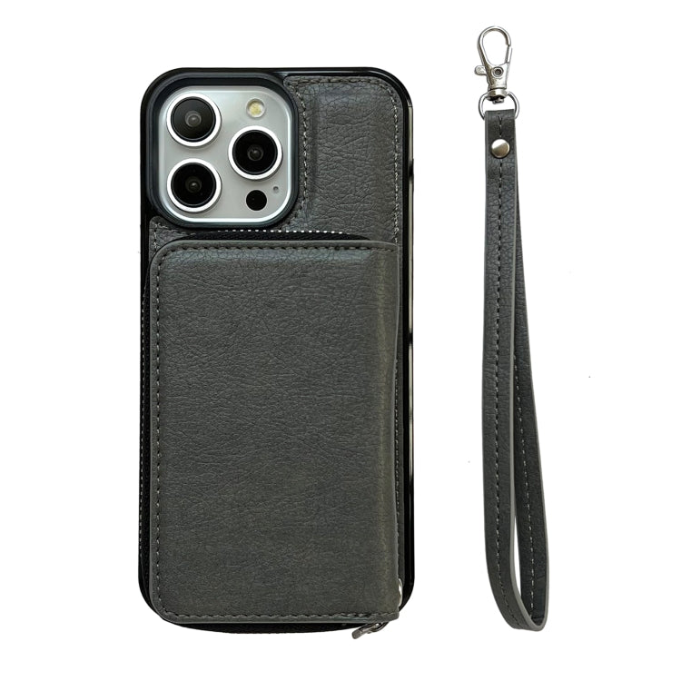 For iPhone 13 Pro Solid Color Zipper 11-Card Slots Bag Phone Case with Lanyard(Grey) - iPhone 13 Cases by buy2fix | Online Shopping UK | buy2fix