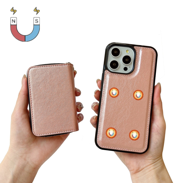 For iPhone 13 Pro Solid Color Zipper 11-Card Slots Bag Phone Case with Lanyard(Rose Gold) - iPhone 13 Cases by buy2fix | Online Shopping UK | buy2fix