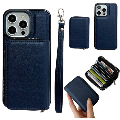 For iPhone 12 / 12 Pro Solid Color Zipper 11-Card Slots Bag Phone Case with Lanyard(Blue) - iPhone 12 / 12 Pro Cases by buy2fix | Online Shopping UK | buy2fix