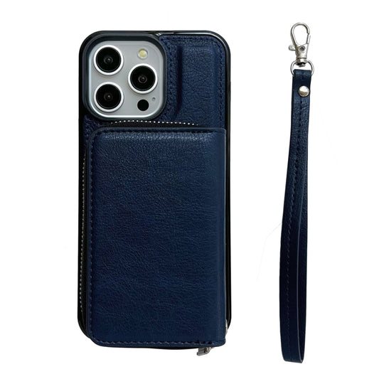 For iPhone 12 / 12 Pro Solid Color Zipper 11-Card Slots Bag Phone Case with Lanyard(Blue) - iPhone 12 / 12 Pro Cases by buy2fix | Online Shopping UK | buy2fix