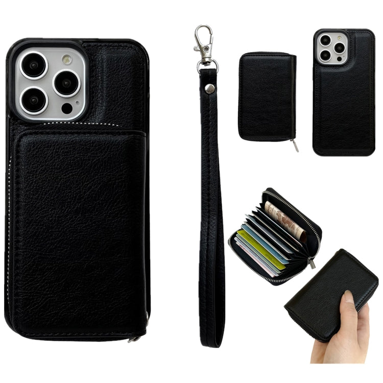 For iPhone 12 / 12 Pro Solid Color Zipper 11-Card Slots Bag Phone Case with Lanyard(Black) - iPhone 12 / 12 Pro Cases by buy2fix | Online Shopping UK | buy2fix