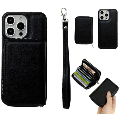 For iPhone 12 / 12 Pro Solid Color Zipper 11-Card Slots Bag Phone Case with Lanyard(Black) - iPhone 12 / 12 Pro Cases by buy2fix | Online Shopping UK | buy2fix