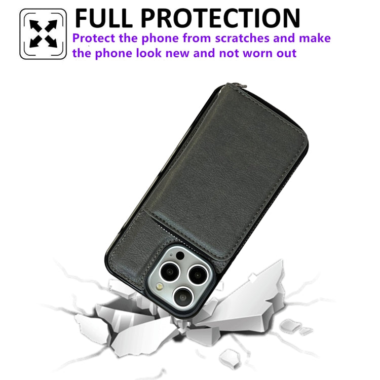 For iPhone 12 / 12 Pro Solid Color Zipper 11-Card Slots Bag Phone Case with Lanyard(Grey) - iPhone 12 / 12 Pro Cases by buy2fix | Online Shopping UK | buy2fix