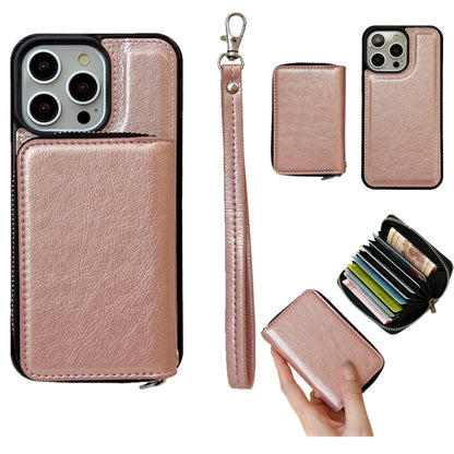 For iPhone 12 / 12 Pro Solid Color Zipper 11-Card Slots Bag Phone Case with Lanyard(Rose Gold) - iPhone 12 / 12 Pro Cases by buy2fix | Online Shopping UK | buy2fix