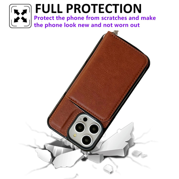 For iPhone 12 / 12 Pro Solid Color Zipper 11-Card Slots Bag Phone Case with Lanyard(Brown) - iPhone 12 / 12 Pro Cases by buy2fix | Online Shopping UK | buy2fix