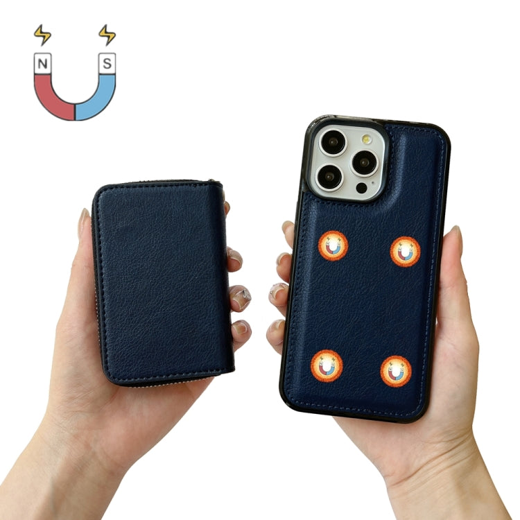 For iPhone 16 Pro Solid Color Zipper 11-Card Slots Bag Phone Case with Lanyard(Blue) - iPhone 16 Pro Cases by buy2fix | Online Shopping UK | buy2fix