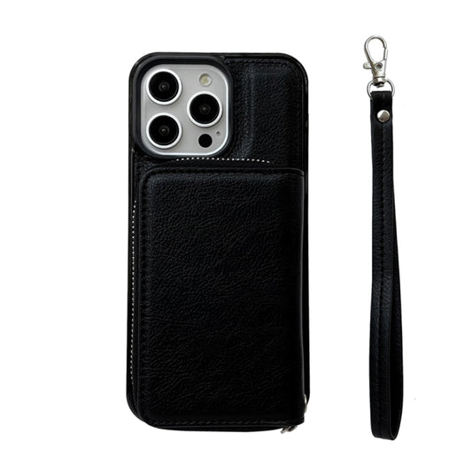 For iPhone 16 Pro Solid Color Zipper 11-Card Slots Bag Phone Case with Lanyard(Black) - iPhone 16 Pro Cases by buy2fix | Online Shopping UK | buy2fix