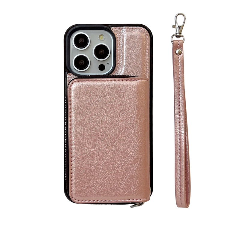 For iPhone 16 Pro Solid Color Zipper 11-Card Slots Bag Phone Case with Lanyard(Rose Gold) - iPhone 16 Pro Cases by buy2fix | Online Shopping UK | buy2fix