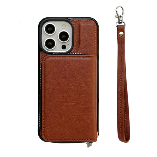For iPhone 16 Pro Solid Color Zipper 11-Card Slots Bag Phone Case with Lanyard(Brown) - iPhone 16 Pro Cases by buy2fix | Online Shopping UK | buy2fix