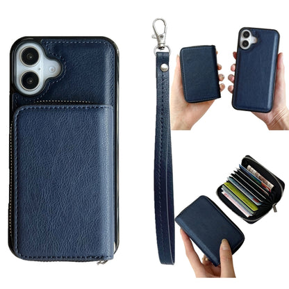 For iPhone 16 Plus Solid Color Zipper 11-Card Slots Bag Phone Case with Lanyard(Blue) - iPhone 16 Plus Cases by buy2fix | Online Shopping UK | buy2fix