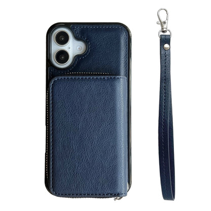 For iPhone 16 Plus Solid Color Zipper 11-Card Slots Bag Phone Case with Lanyard(Blue) - iPhone 16 Plus Cases by buy2fix | Online Shopping UK | buy2fix