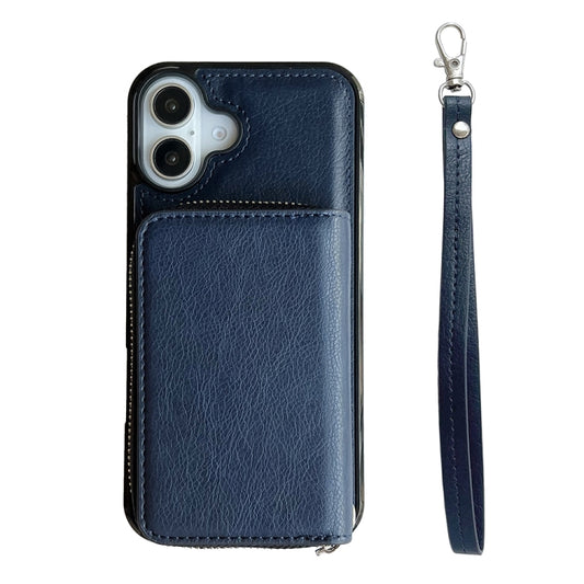 For iPhone 16 Plus Solid Color Zipper 11-Card Slots Bag Phone Case with Lanyard(Blue) - iPhone 16 Plus Cases by buy2fix | Online Shopping UK | buy2fix
