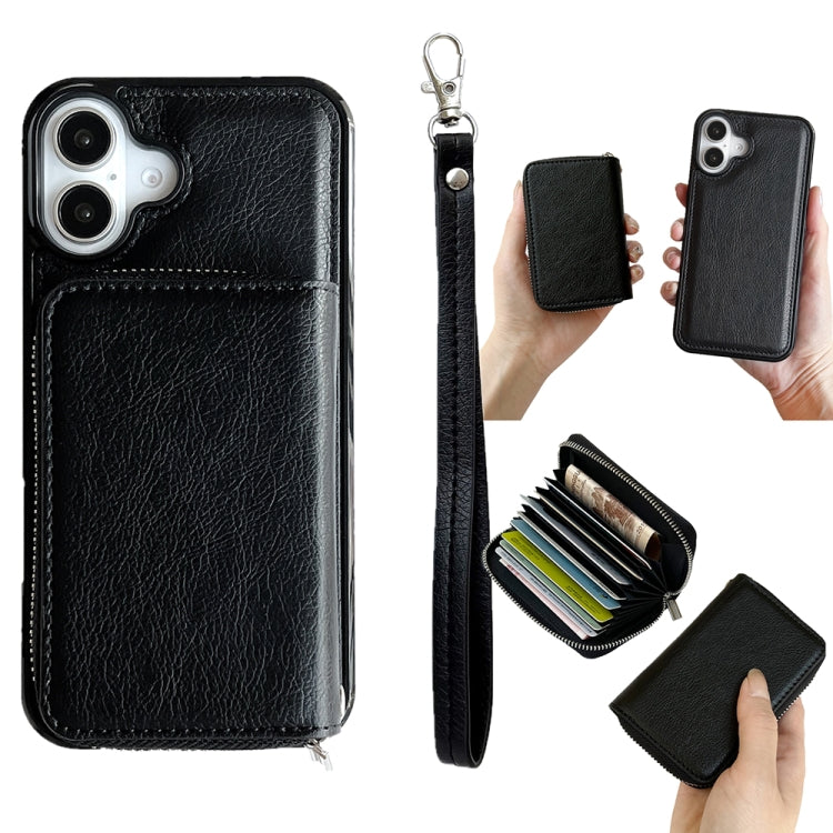 For iPhone 16 Plus Solid Color Zipper 11-Card Slots Bag Phone Case with Lanyard(Black) - iPhone 16 Plus Cases by buy2fix | Online Shopping UK | buy2fix