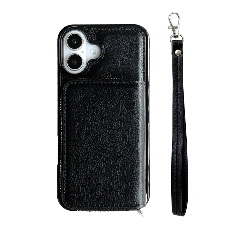 For iPhone 16 Plus Solid Color Zipper 11-Card Slots Bag Phone Case with Lanyard(Black) - iPhone 16 Plus Cases by buy2fix | Online Shopping UK | buy2fix