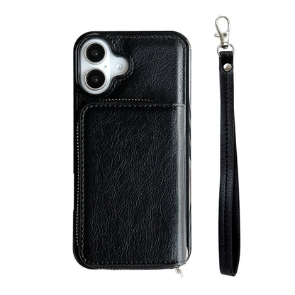 For iPhone 16 Plus Solid Color Zipper 11-Card Slots Bag Phone Case with Lanyard(Black) - iPhone 16 Plus Cases by buy2fix | Online Shopping UK | buy2fix