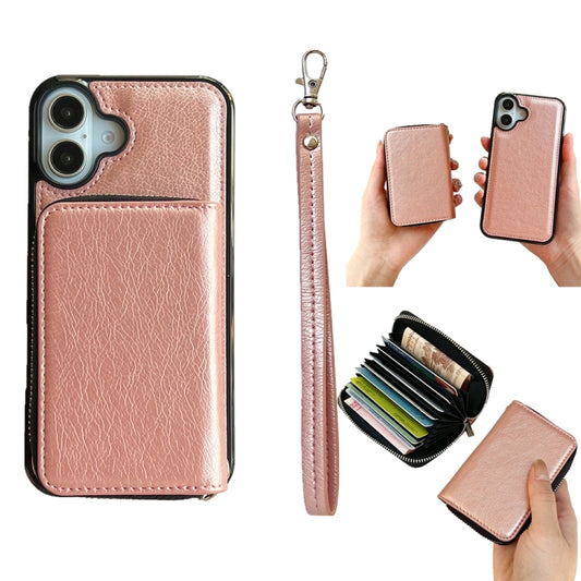 For iPhone 16 Plus Solid Color Zipper 11-Card Slots Bag Phone Case with Lanyard(Rose Gold) - iPhone 16 Plus Cases by buy2fix | Online Shopping UK | buy2fix