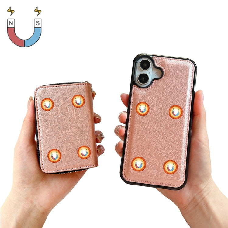 For iPhone 16 Plus Solid Color Zipper 11-Card Slots Bag Phone Case with Lanyard(Rose Gold) - iPhone 16 Plus Cases by buy2fix | Online Shopping UK | buy2fix