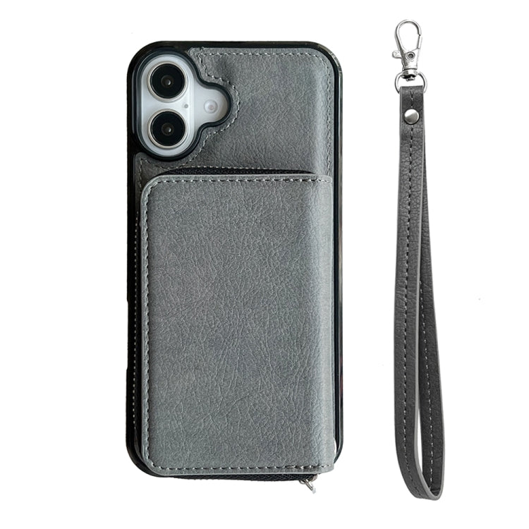 For iPhone 16 Solid Color Zipper 11-Card Slots Bag Phone Case with Lanyard(Grey) - iPhone 16 Cases by buy2fix | Online Shopping UK | buy2fix