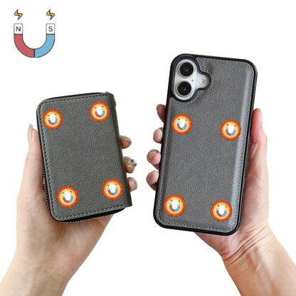 For iPhone 16 Solid Color Zipper 11-Card Slots Bag Phone Case with Lanyard(Grey) - iPhone 16 Cases by buy2fix | Online Shopping UK | buy2fix