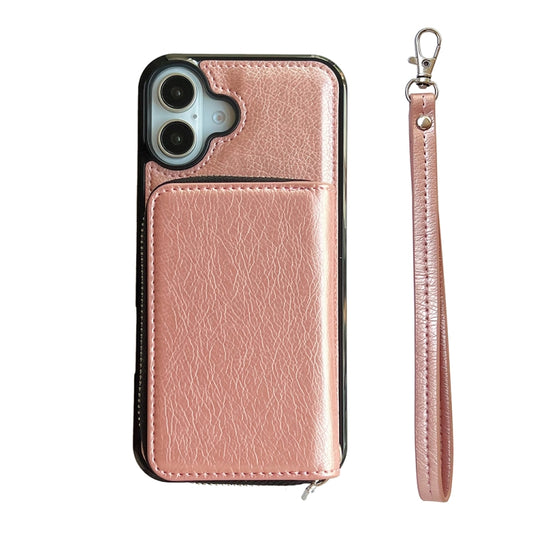 For iPhone 16 Solid Color Zipper 11-Card Slots Bag Phone Case with Lanyard(Rose Gold) by buy2fix