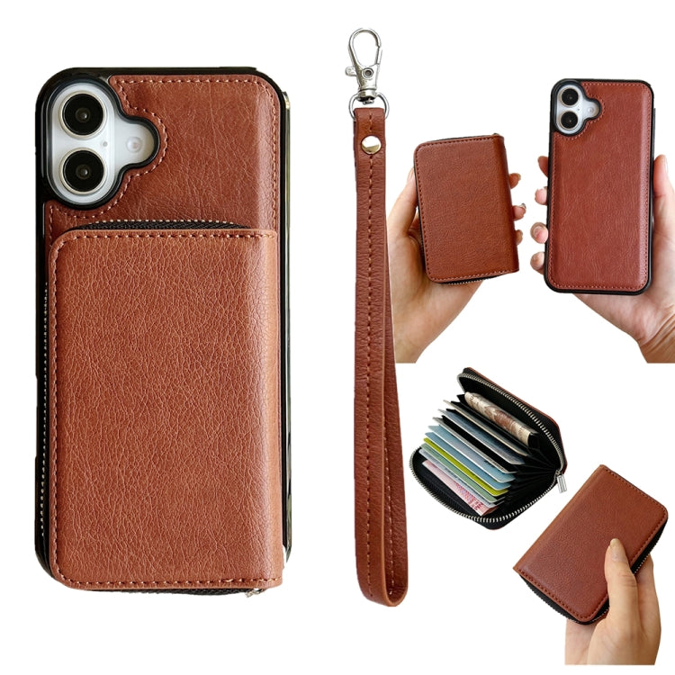 For iPhone 16 Solid Color Zipper 11-Card Slots Bag Phone Case with Lanyard(Brown) - iPhone 16 Cases by buy2fix | Online Shopping UK | buy2fix