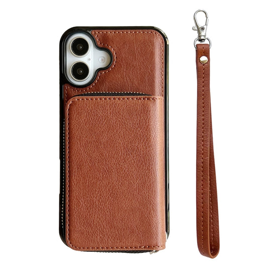For iPhone 16 Solid Color Zipper 11-Card Slots Bag Phone Case with Lanyard(Brown) - iPhone 16 Cases by buy2fix | Online Shopping UK | buy2fix