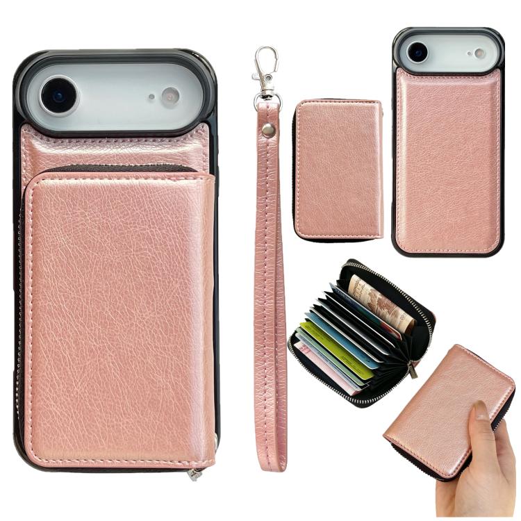 For iPhone Air Solid Color Zipper 11-Card Slots Bag Phone Case with Lanyard(Rose Gold) - iPhone Air Cases by buy2fix | Online Shopping UK | buy2fix