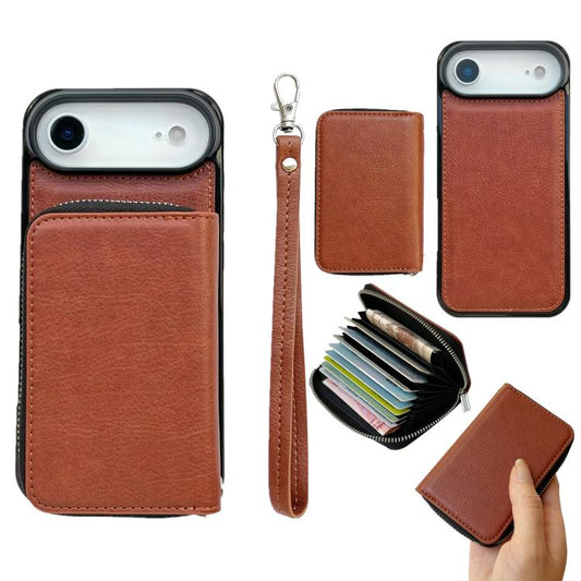 For iPhone Air Solid Color Zipper 11-Card Slots Bag Phone Case with Lanyard(Brown) - iPhone Air Cases by buy2fix | Online Shopping UK | buy2fix