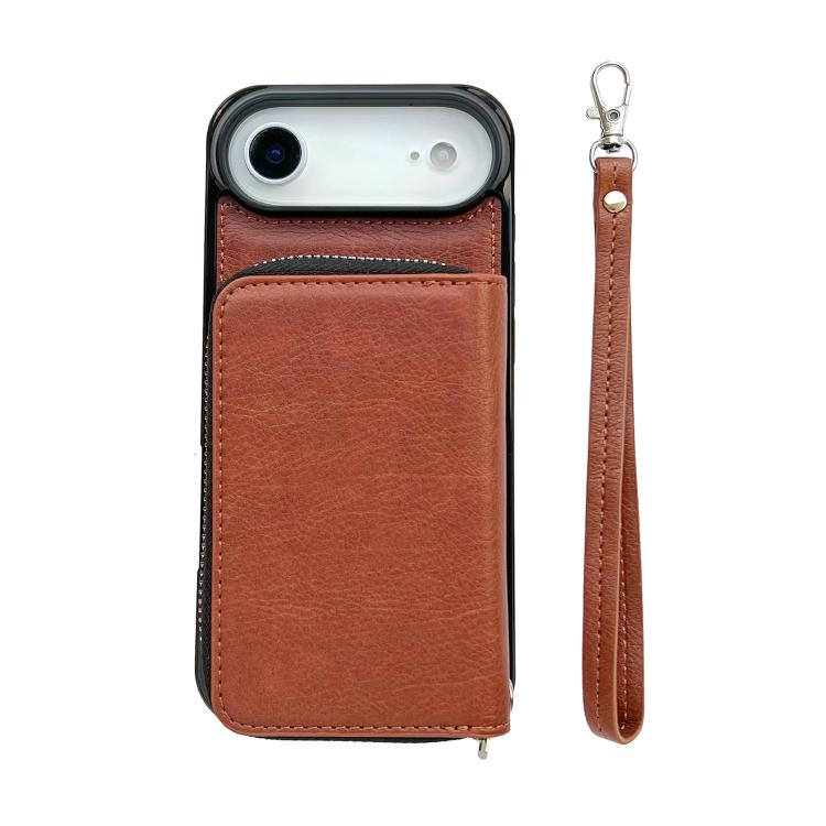 For iPhone Air Solid Color Zipper 11-Card Slots Bag Phone Case with Lanyard(Brown) - iPhone Air Cases by buy2fix | Online Shopping UK | buy2fix