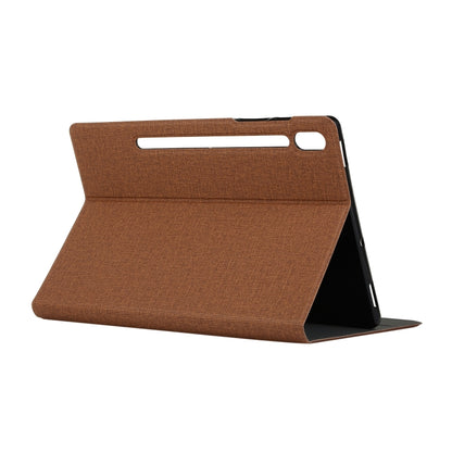 For Samsung Galaxy Tab S7 T870 2020 / Tab S8 Voltage Stretch Fabric Texture Leather Case with Holder(Brown) by buy2fix