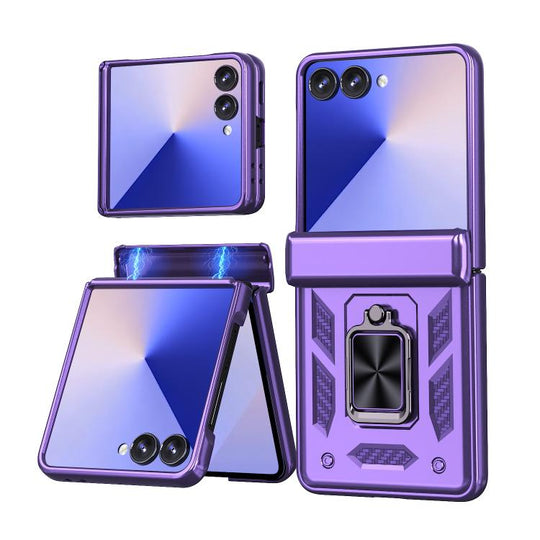 For Samsung Galaxy Z Flip7 5G Sliding Window Hinge Phone Case with Ring Stand(Purple)