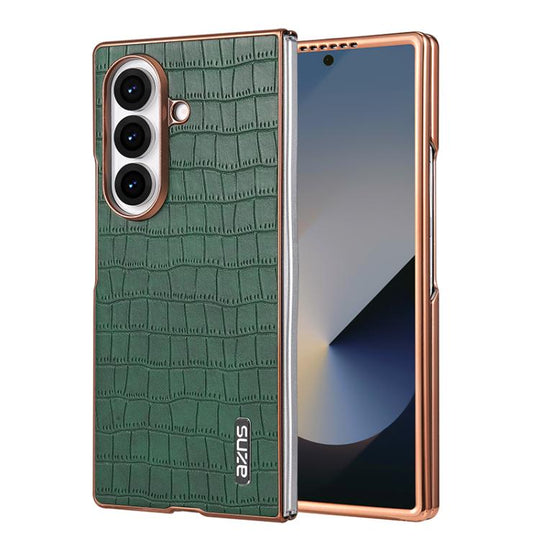 For Samsung Galaxy Z Fold7 5G AZNS Electroplated Frame Crocodile Texture Full Coverage Phone Case(Green)